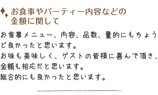 味も美味しく、ゲストの皆様に喜んで頂き、金額も相応だと思います。