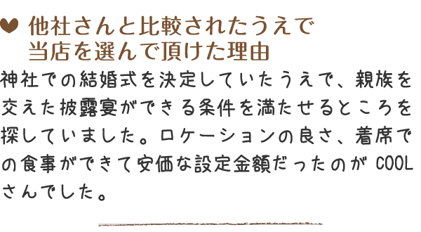 ロケーションの良さ、着席での食事ができて安価な設定金額だったのがCOOLさんでした。